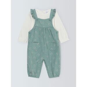John Lewis Baby Girls Cotton Corduroy Green Floral Dungaree Overalls 3-6 Months